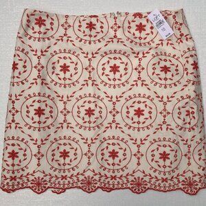 Loft A-Line Skirt Cream Red Floral Embroidered Cotton Size 10 NWT